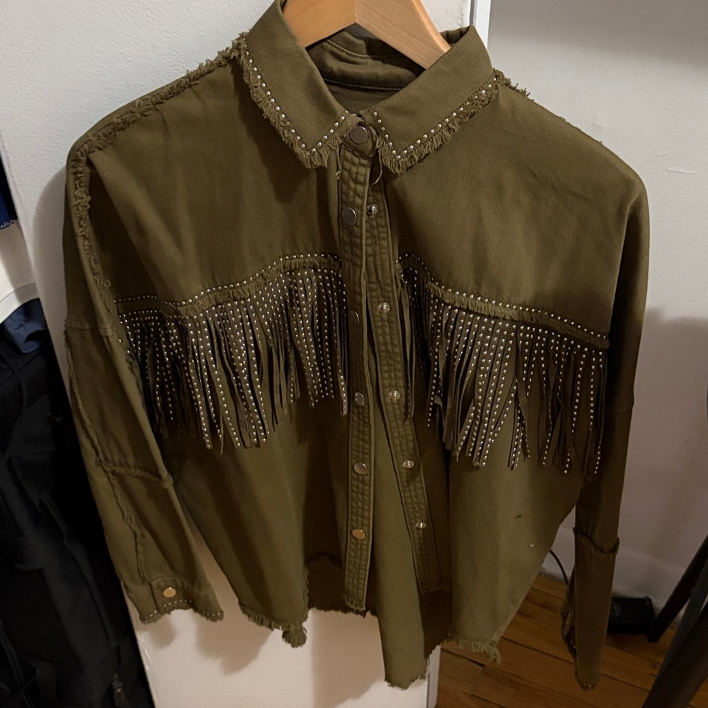 Zara Olive Fringe Studded Vest